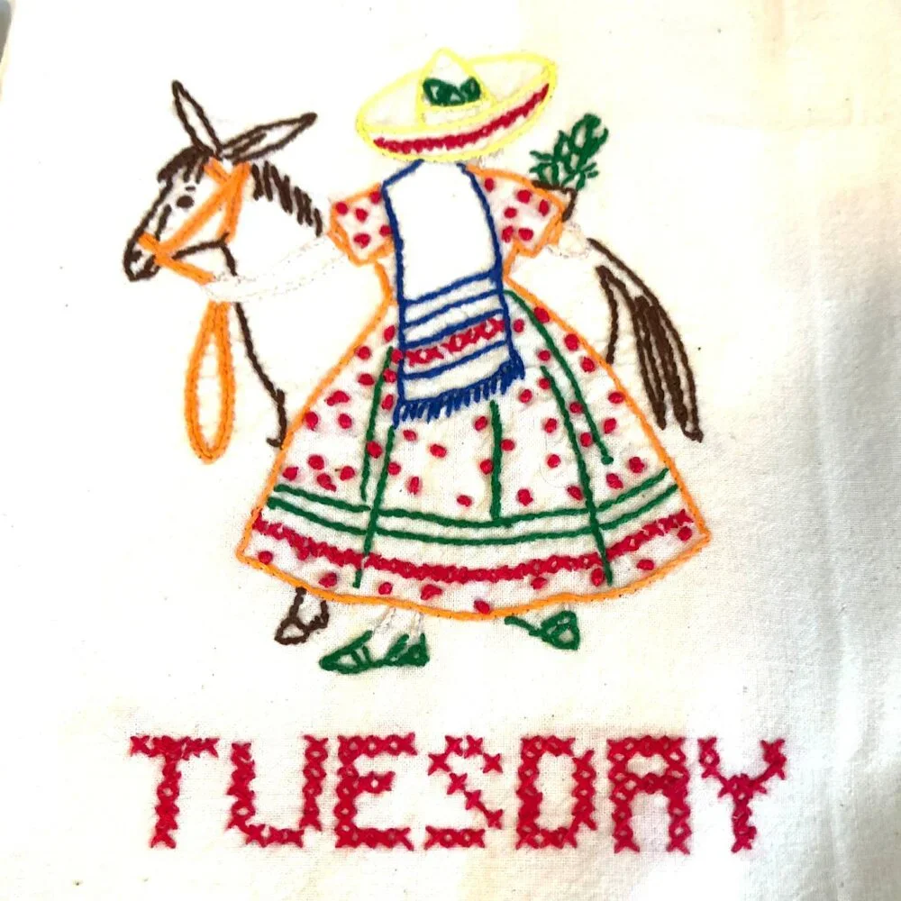 Set of 7 Vint 60s Collectible Embroidered Tea Towels Mexican Design Days Of Week